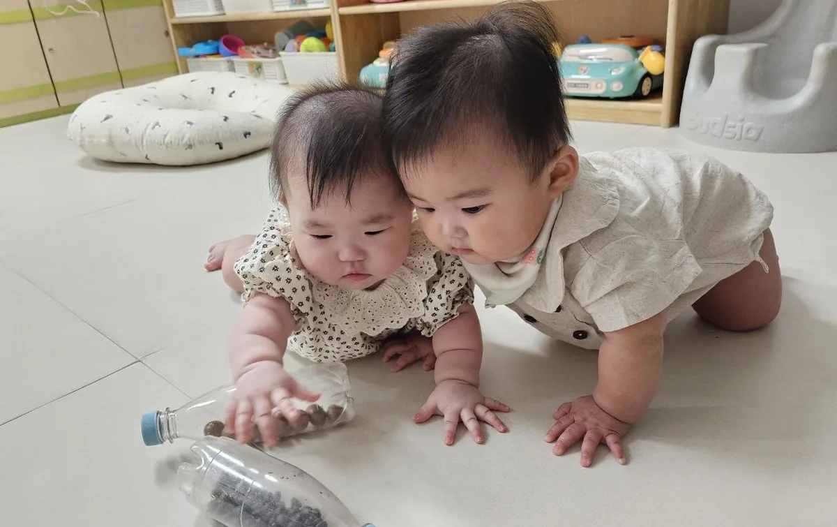 친구와 나란히 기어가는 로희